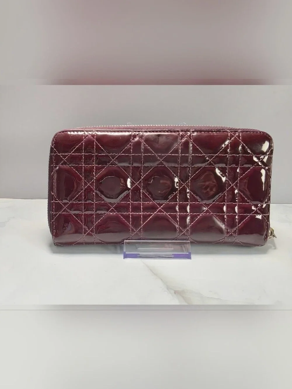 Christian Dior Burgundy Cannage Patent Leather Zip Around Wallet + COA